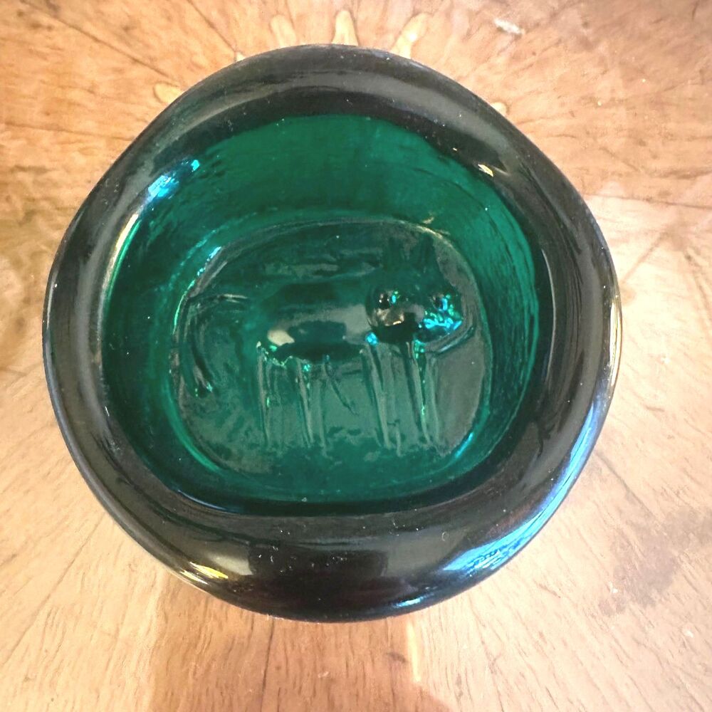 MCM Erik Hoglund Teal Glass Cat Paperweight, Boda Sweden, Scandinavian Art Glass